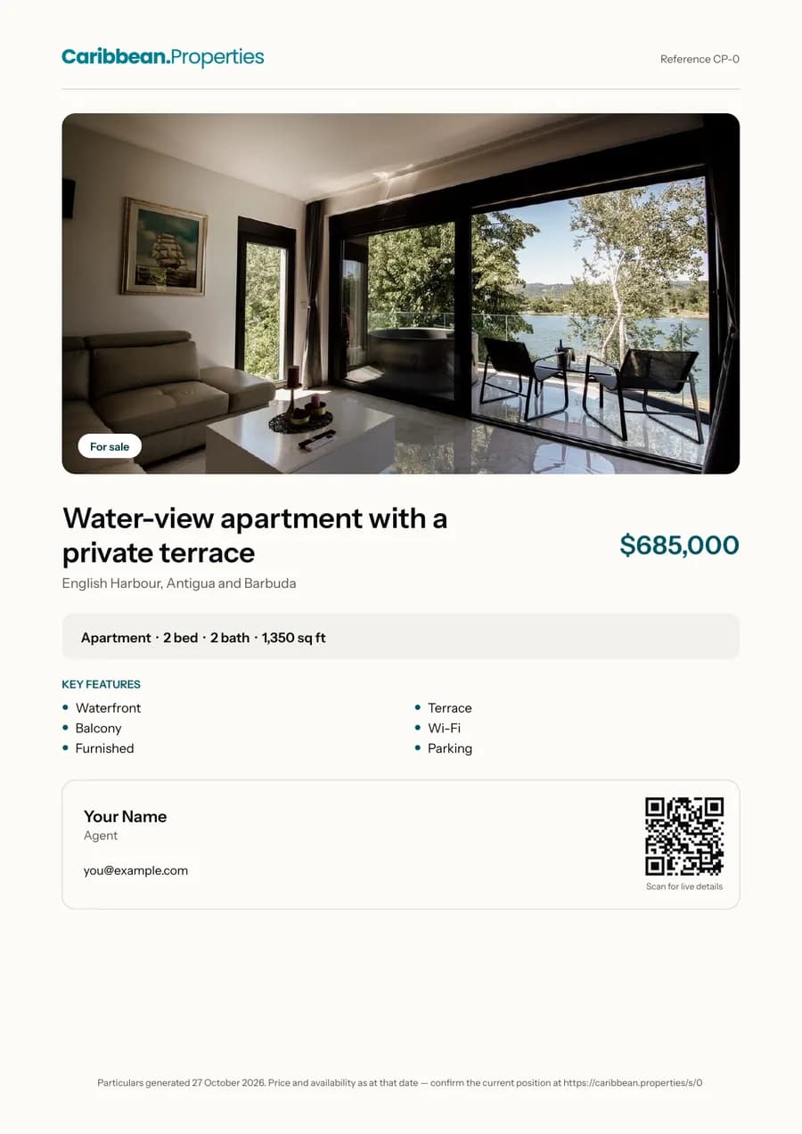 The first page of a sample PDF brochure: a living-room photo, the title, price, key features and the agent's details with a QR code