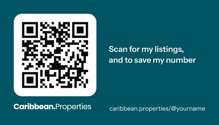 The back of the sample business card: a QR code to the agent's listings