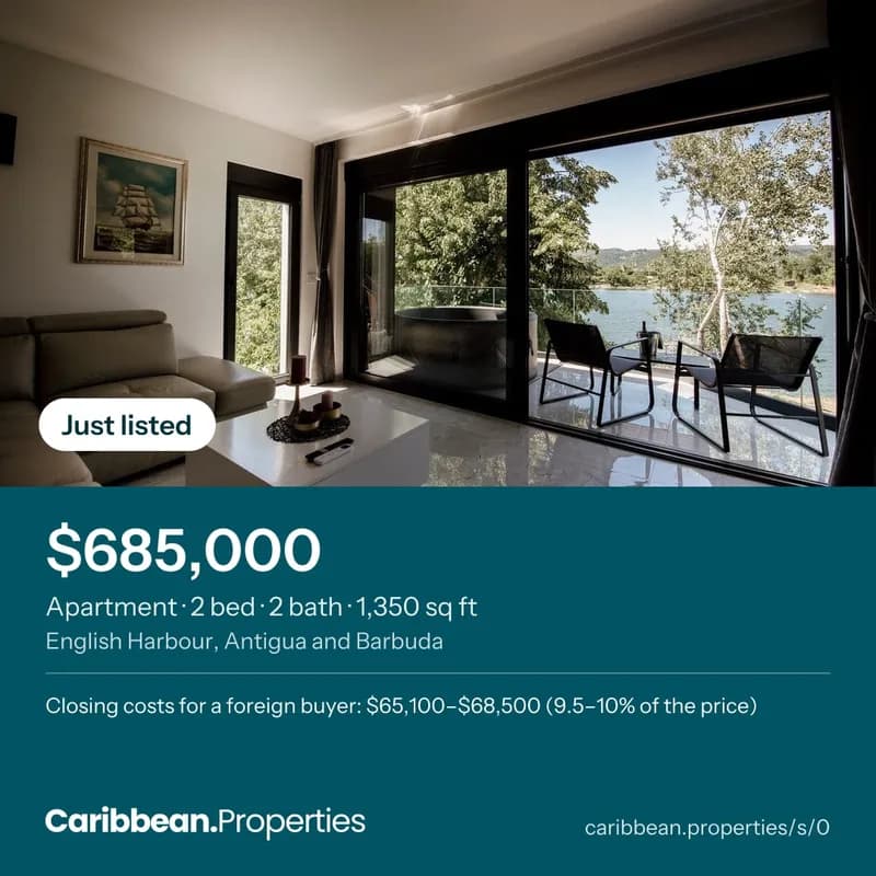 A sample square social post: the photo marked Just listed, the price, the specs and the closing costs for a foreign buyer