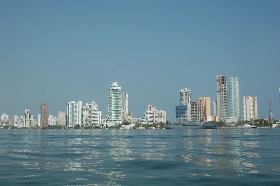 The high-rises of Bocagrande seen across the water in Cartagena, Colombia