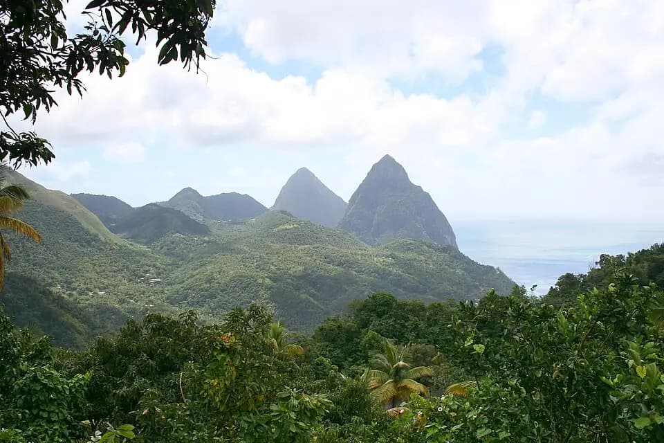 The twin Pitons rising above the rainforest, Saint Lucia